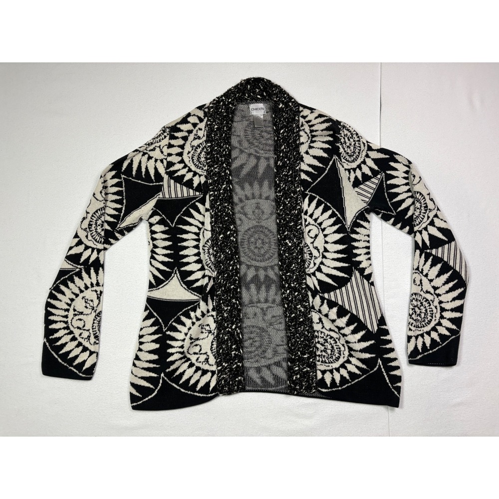 Chico's Black White Geometric Sunburst Silk Cotton Wool Cardigan Sweater Size 1
